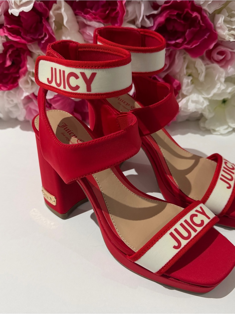 Juicy Couture Red Logo Strap Block Heel Sandals